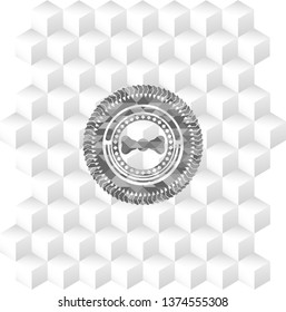 bow tie icon inside grey emblem. Retro with geometric cube white background