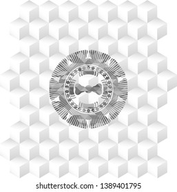 bow tie icon inside grey emblem with cube white background