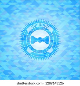 bow tie icon inside realistic light blue emblem. Mosaic background