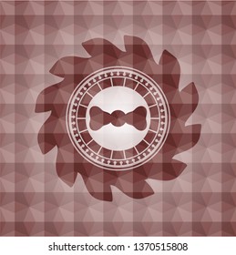 bow tie icon inside red emblem with geometric background. Seamless.