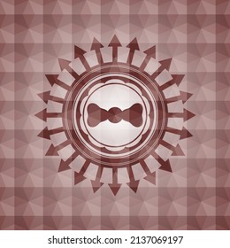 bow tie icon inside red emblem with geometric background. Seamless. 