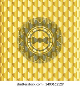 bow tie icon inside shiny golden badge. Scales pattern. Vector Illustration. Detailed.