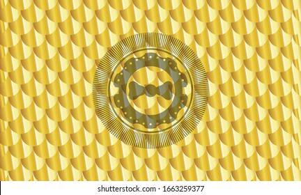 bow tie icon inside shiny golden emblem. Scales pattern. Vector Illustration. Detailed.