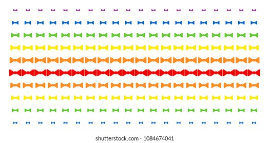Bow Tie icon rainbow colored halftone pattern. Vector pictograms arranged into halftone array with vertical spectral gradient. Constructed for backgrounds, covers, templates and abstract compositions.