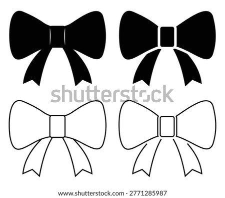 “Black Bow Tie Icon Set – Elegant Formal Wear Symbol Vector Illustration in Outline and Solid Styles