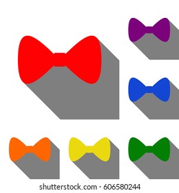 Bow Tie icon. Set of red, orange, yellow, green, blue and violet icons at white background with flat shadow.