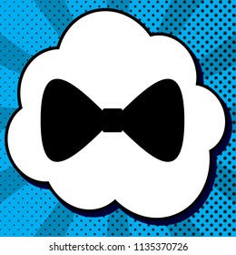 Bow Tie icon. Vector. Black icon in bubble on blue pop-art background with rays.