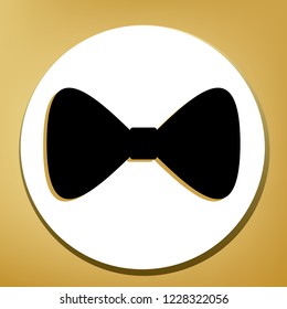 Bow Tie icon. Vector. Black icon with light brown shadow in white circle with shaped ring at golden background.