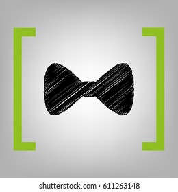 Bow Tie icon. Vector. Black scribble icon in citron brackets on grayish background.