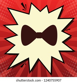 Bow Tie icon. Vector. Dark red icon in lemon chiffon shutter bubble at red popart background with rays.