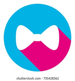 Bow Tie icon. Vector. Flat white icon with mexican pink shadow inside sky blue circle at white background. Isolated. Trend colors in 2017.