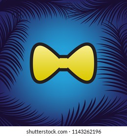 Bow Tie icon. Vector. Golden icon with black contour at blue background with branches of palm trees.