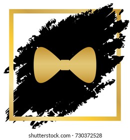 Bow Tie icon. Vector. Golden icon at black spot inside golden frame on white background.