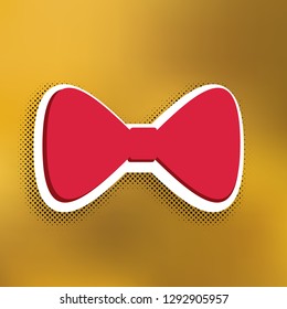 Bow Tie icon. Vector. Magenta icon with darker shadow, white sticker and black popart shadow on golden background.