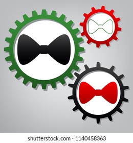 Bow Tie icon. Vector. Three connected gears with icons at grayish background.