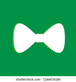 Bow Tie icon. Vector. White flat icon with yellow striped shadow at green background.