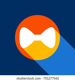 Bow Tie icon. Vector. White icon on tangelo circle with infinite shadow of light at cool black background. Selective yellow and bright navy blue are produced.