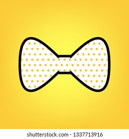 Bow Tie icon. Vector. Yellow polka dot white icon with black contour at warm yellow background.