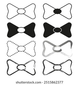 Bow tie icons. Fashion accessory symbols. Formal attire shapes. Vector bowtie designs.