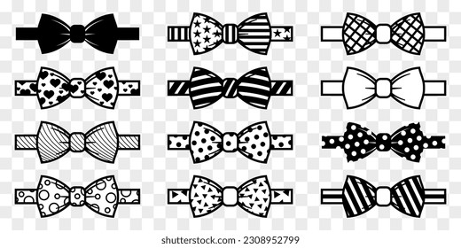 Bow tie icons set. Bow tie with various patterns. Vector illustration isolated on transparent background.