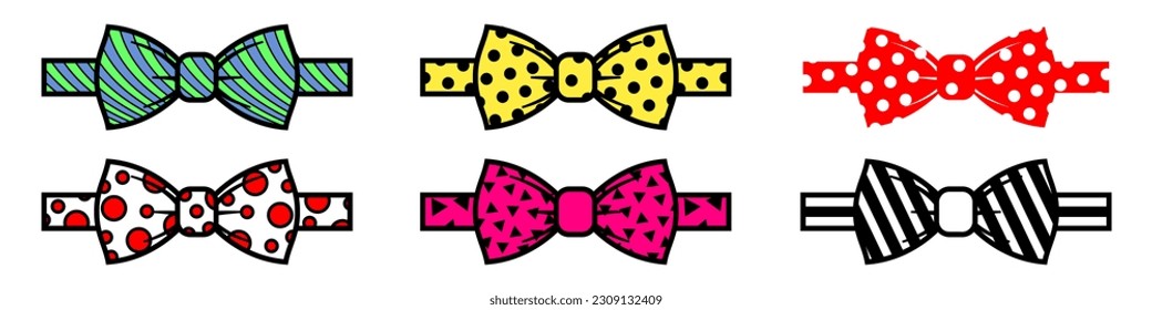 Bow tie icons set. Bow tie with various patterns. Vector illustration isolated on white background.