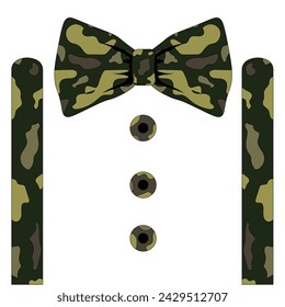 Fliege ist kakifarben. Design T-Shirt-Print mit Bow Tie Hosenträger Knöpfe isoliert weißen Hintergrund. Militärschablone für Gentleman-Kartenabdeckung. Vektorgrafik. EPS 10 Editierbarer Strich. 