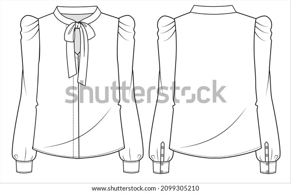 bow tie up with leg O mutton sleeves\
woven top for women office wear in editable vector\
file