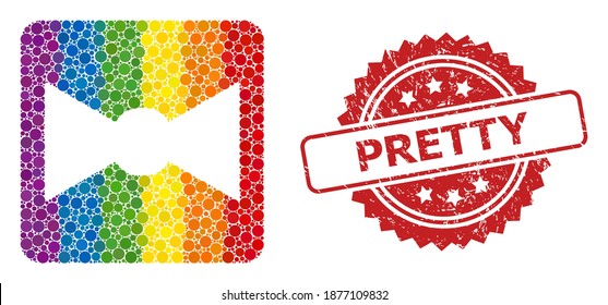 Bow tie mosaic icon of filled circle blots in variable sizes and rainbow colored color tinges, and Pretty dirty rosette stamp seal. A dotted LGBT-colored Bow tie for lesbians, gays, transgenders,