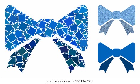 Bow tie mosaic of raggy items in variable sizes and color hues, based on bow tie icon. Vector raggy parts are composed into mosaic. Bow tie icons collage with dotted pattern.