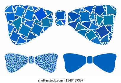 Bow tie mosaic of unequal pieces in different sizes and color tints, based on bow tie icon. Vector inequal pieces are composed into collage. Bow tie icons collage with dotted pattern.