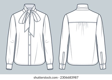 Bow Tie Neck Shirt technical fashion Illustration. Button up Shirt, Blouse fashion flat technical drawing template, cuffed long sleeve, front and back view, white, women CAD mockup.
