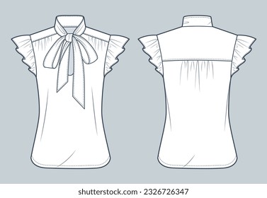 Bow Tie Neck Shirt technical fashion Illustration. Tie Neck Blouse fashion flat technical drawing template, short flutter sleeve, front and back view, white, women CAD mockup.
