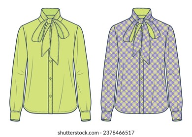 Bow Tie Neck Shirt technical fashion Illustration, geometric design. Button up Blouse fashion flat technical drawing template, cuffed long sleeve, front view, lime, lilac color, women CAD mockup set.
