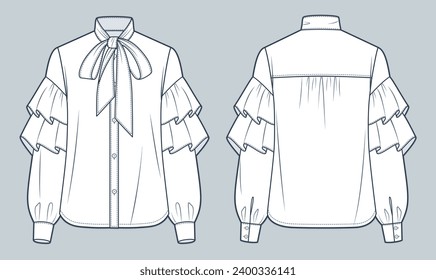 Ilustración técnica de la camiseta del cuello de amarre. Moda Blouse plancha de dibujo técnico plano, manga larga esposada, botón arriba, vista frontal y trasera, blanco, maquillaje CAD femenino.
