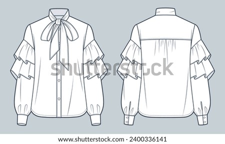 Bow Tie Neck Shirt technical fashion Illustration. Ruffled Blouse fashion flat technical drawing template, cuffed long sleeve, button up, front and back view, white, women CAD mockup.