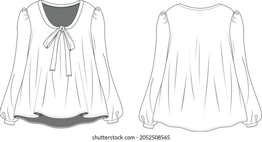 Bow tie neck woman blouse top technical drawing vector