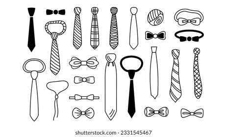 Bow tie and necktie doodle set. Black line art collection of collar ribbons. Man fashion accessory design. Vector illustration