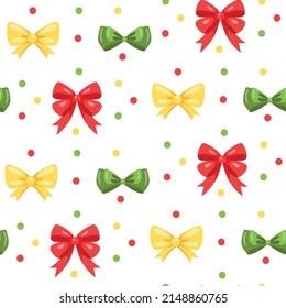 Bow tie pattern. Seamless cartoon colorful dress accessory, bent ribbon bow for birthday present. Vector texture