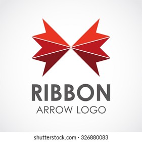 Bow tie of red triangle ribbon arrow abstract vector and logo design or template office decoration business icon of company identity symbol concept