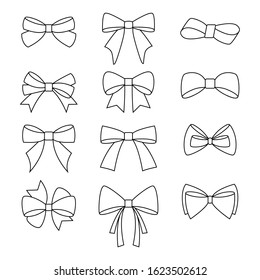 Bow tie and ribbons collection line. Bows for holiday gifts.