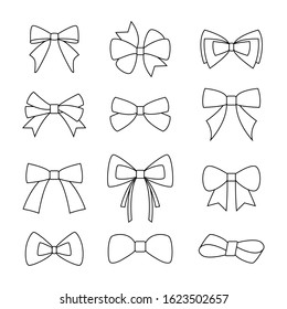 Bow tie and ribbons collection line. Bows for holiday gifts.