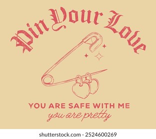 Bow tie with Safety pint shirt design for girl, ladies and women,  Love you more artwork. Bow knot hand drawing artwork. Pretty life, Safety pin graphic print design. Pin your love.