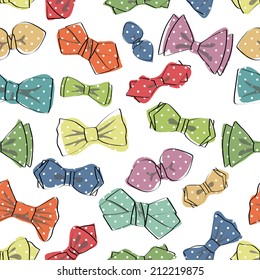 Bow tie seamless pattern.Cartoon colorful  bow tie.Flat vector.Polka dot ornament.Use for textile,wallpaper,wrap, backdrop,fabric,Fashion background.Holiday Hipster decoration,Father day gift,present.