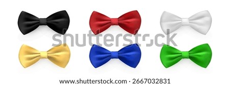Bow tie set of red, white, black, yellow, green, blur colors. Bowties for business suit. Classic silk neckties vector illustration. Realistic gentleman luxury fashion element of costume.