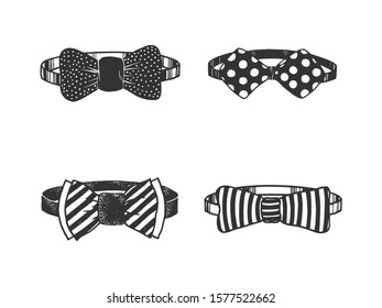 Bow tie set sketch engraving vector illustration. T-shirt apparel print design. Scratch board style imitation. Black and white hand drawn image.