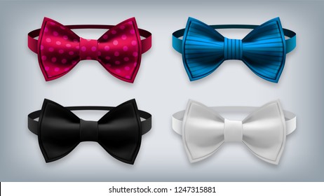 Bow Tie Set Vector. Realistic Knot Silk Bow. Elegance Formal Suit Bowtie. Fashion Cloth, Classic Satin Butterfly. Clothing Accessories Realistic Illustration