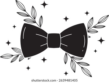 Bow Tie Silhouette Black and White Line Art with Leaves and Stars