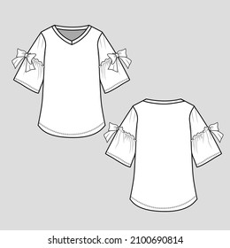 Bow Tie Sleeve Fashion Trumpet Sleeve Gathering V Neck Top t shirt Blouse Cad Flat Sketch technical drawing template design vector