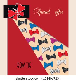 BOW TIE. Special offer. Banner, poster. Design for the message about the sale, decoration of gift packaging.