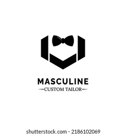Bow Tie Tuxedo Suit Gentlemen Masculine Fashion Tailor Clothes Logo Vector Design Template